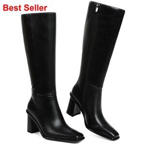 Knee High Boots Wide Calf Leather Square Toe Chunky Heel Side Zipper